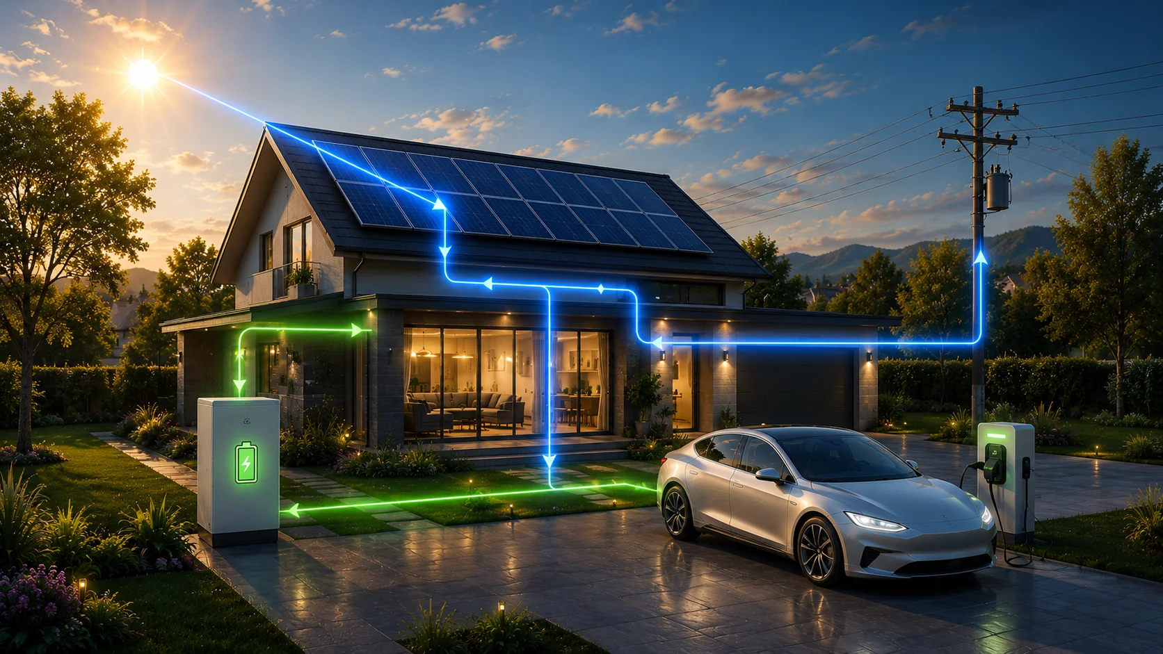 Energy flow diagram showing the path from solar panels through inverter, battery storage, and home electrical system