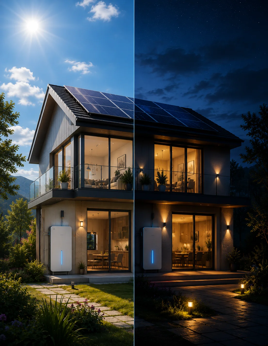 Home with solar and battery day and night