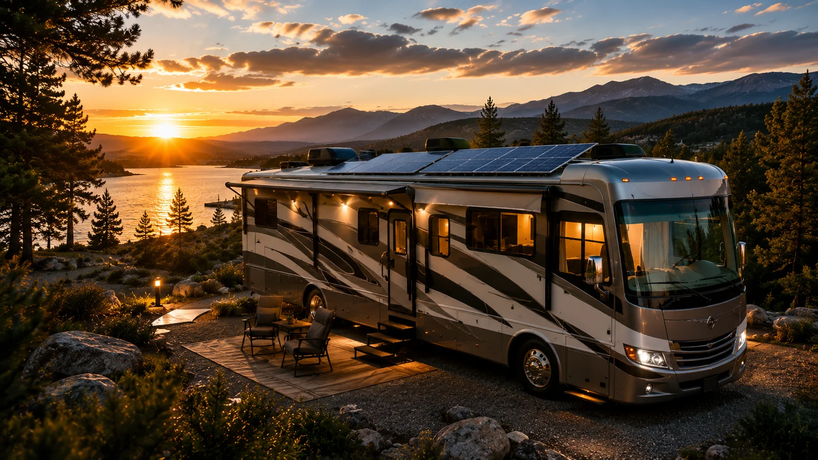 RV with solar panels at campsite