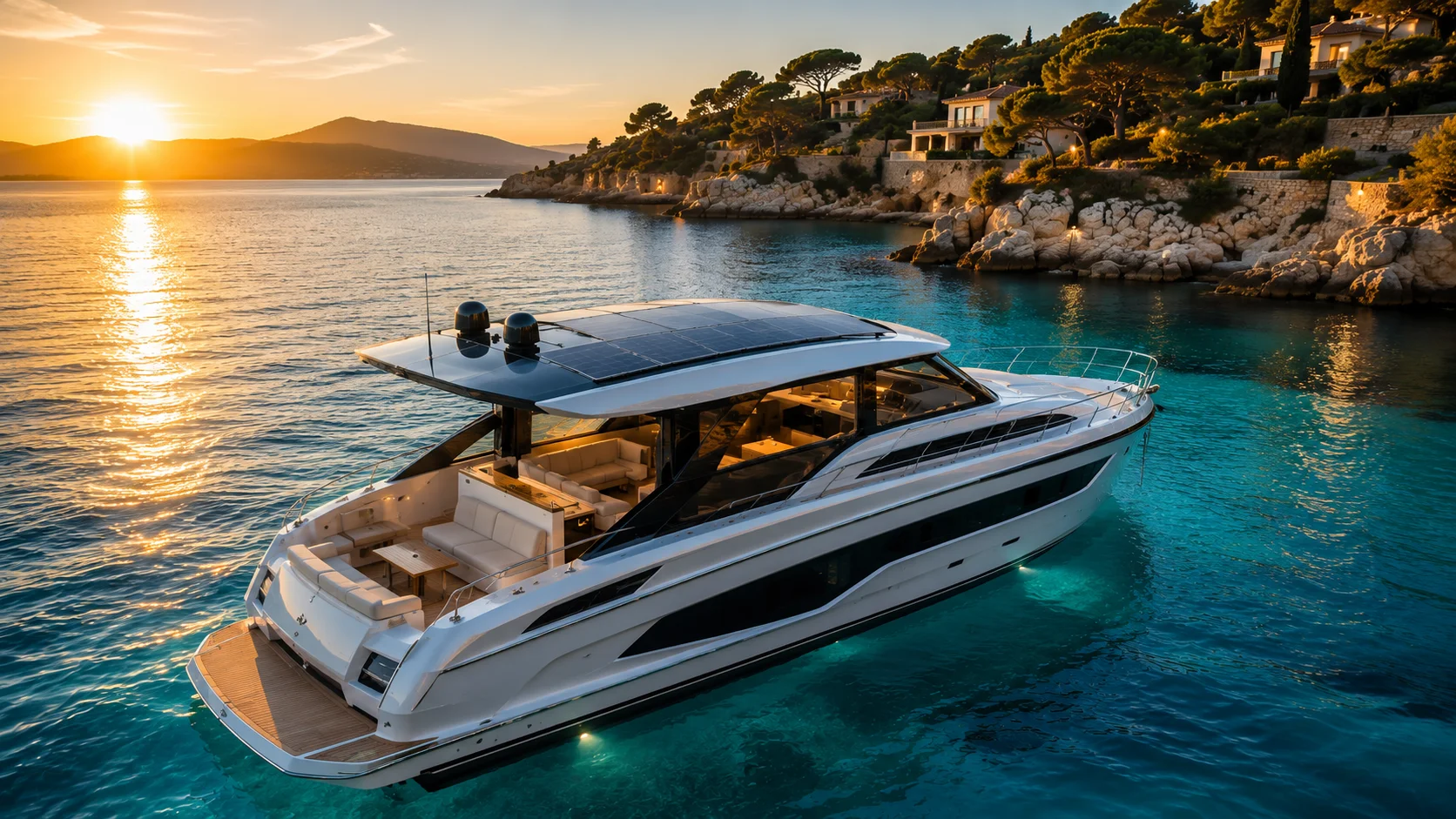 Yacht with solar panels on water
